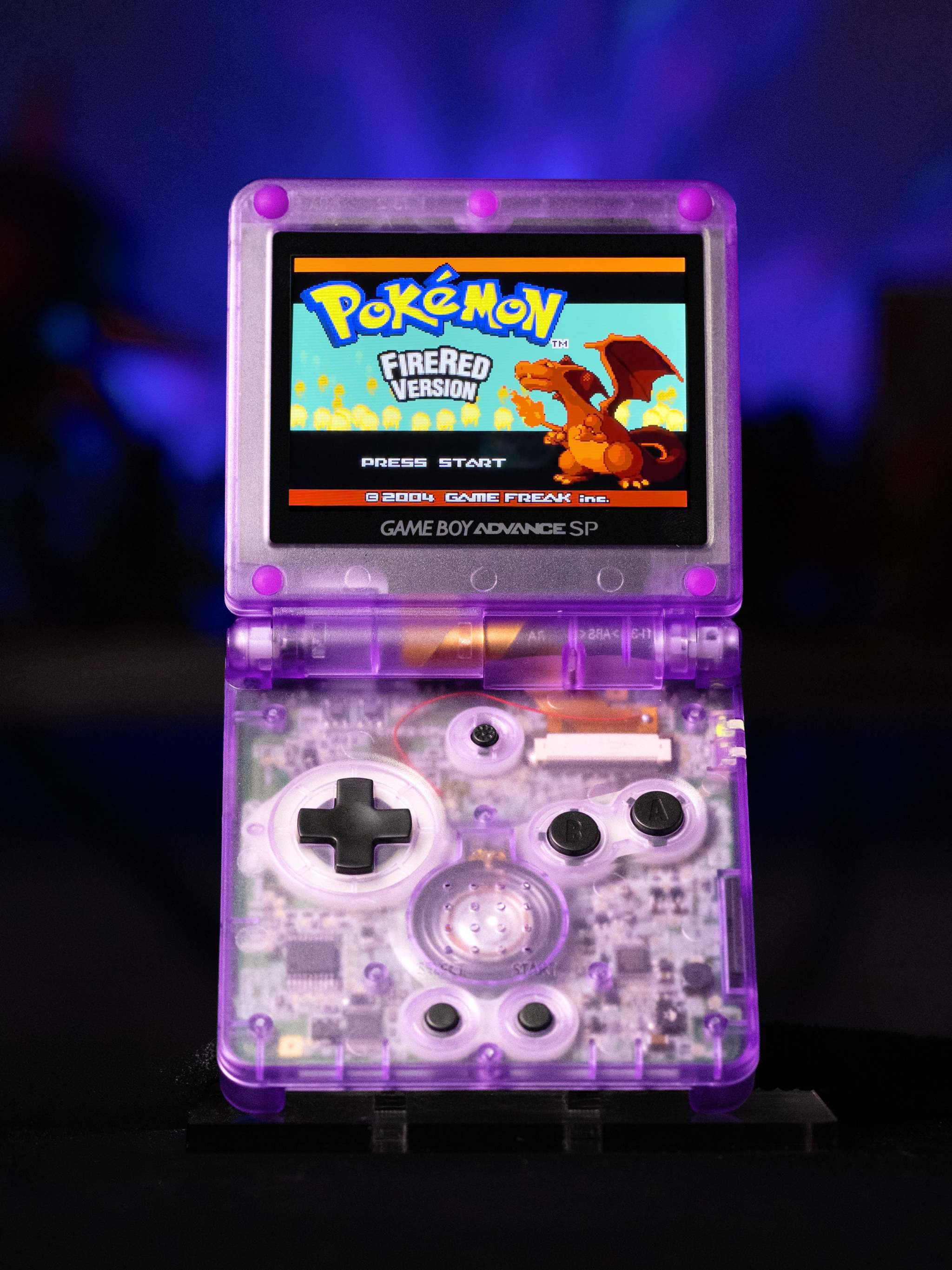 Game Boy Advance SP Gengar Evolution Edition with purple transparent shell and IPS V5 display