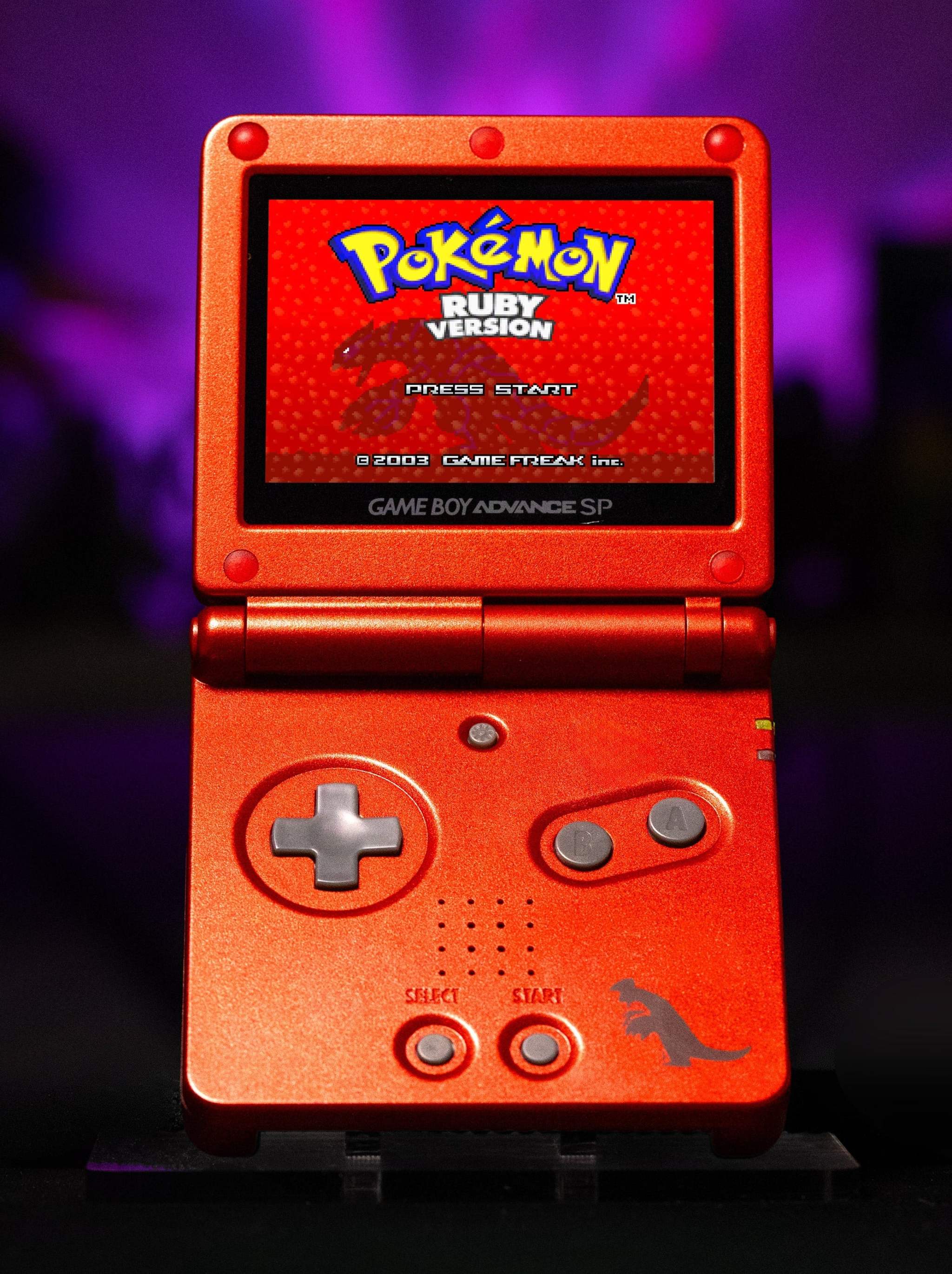 Refurbished Game Boy Advance SP Groudon Edition with volcanic red shell and IPS V5 backlit screen