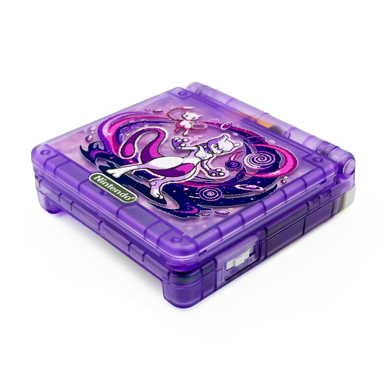Game Boy Advance SP Mewtwo Edition with Cerulean Cave artwork and IPS V5 backlit display