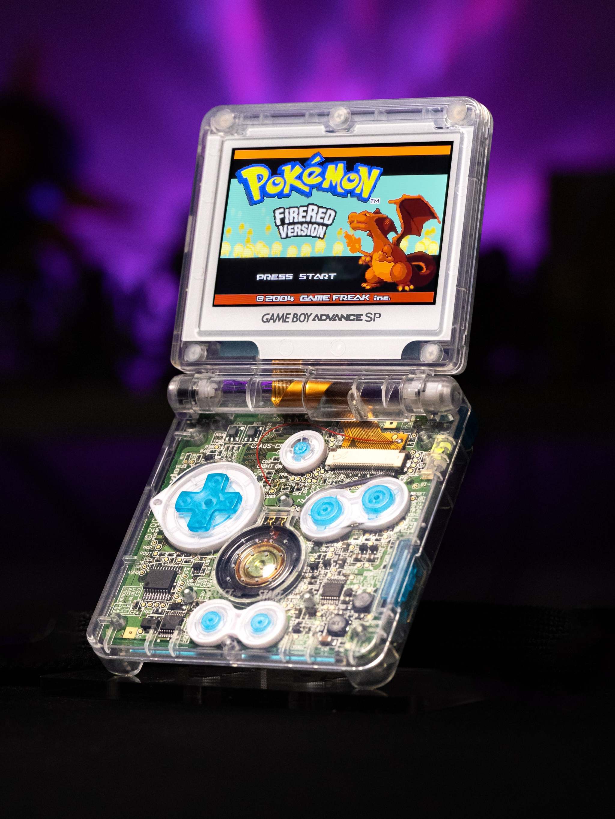 Custom Surfing Pikachu Game Boy Advance SP with transparent shell and IPS V5 backlit screen