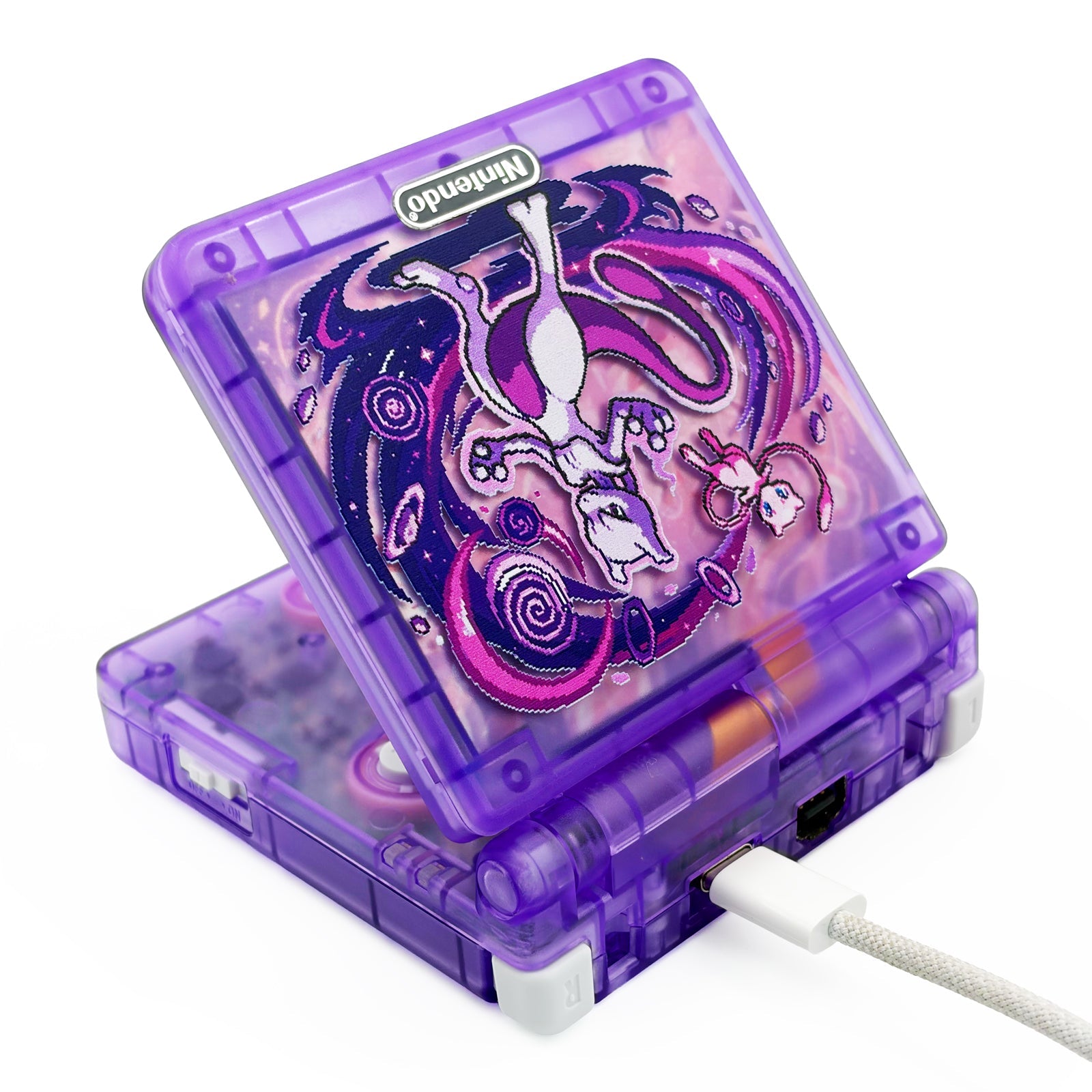 Game Boy Advance SP Mewtwo Edition with Cerulean Cave design and IPS V5 backlit screen
