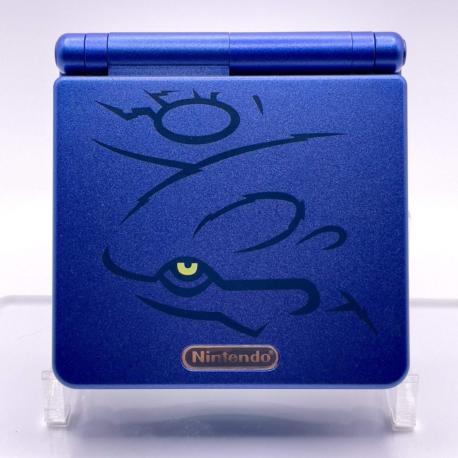 Refurbished Game Boy Advance SP Kyogre Edition with 2025 IPS V5 backlit ocean blue shell and legendary Pokémon emblem