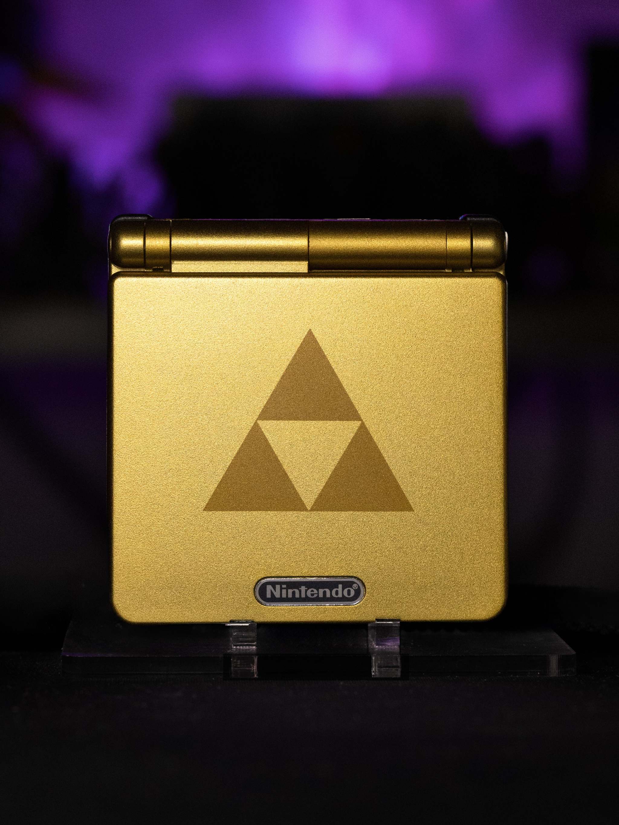 Refurbished Game Boy Advance SP Zelda Triforce Edition with gold shell and IPS V5 backlit screen
