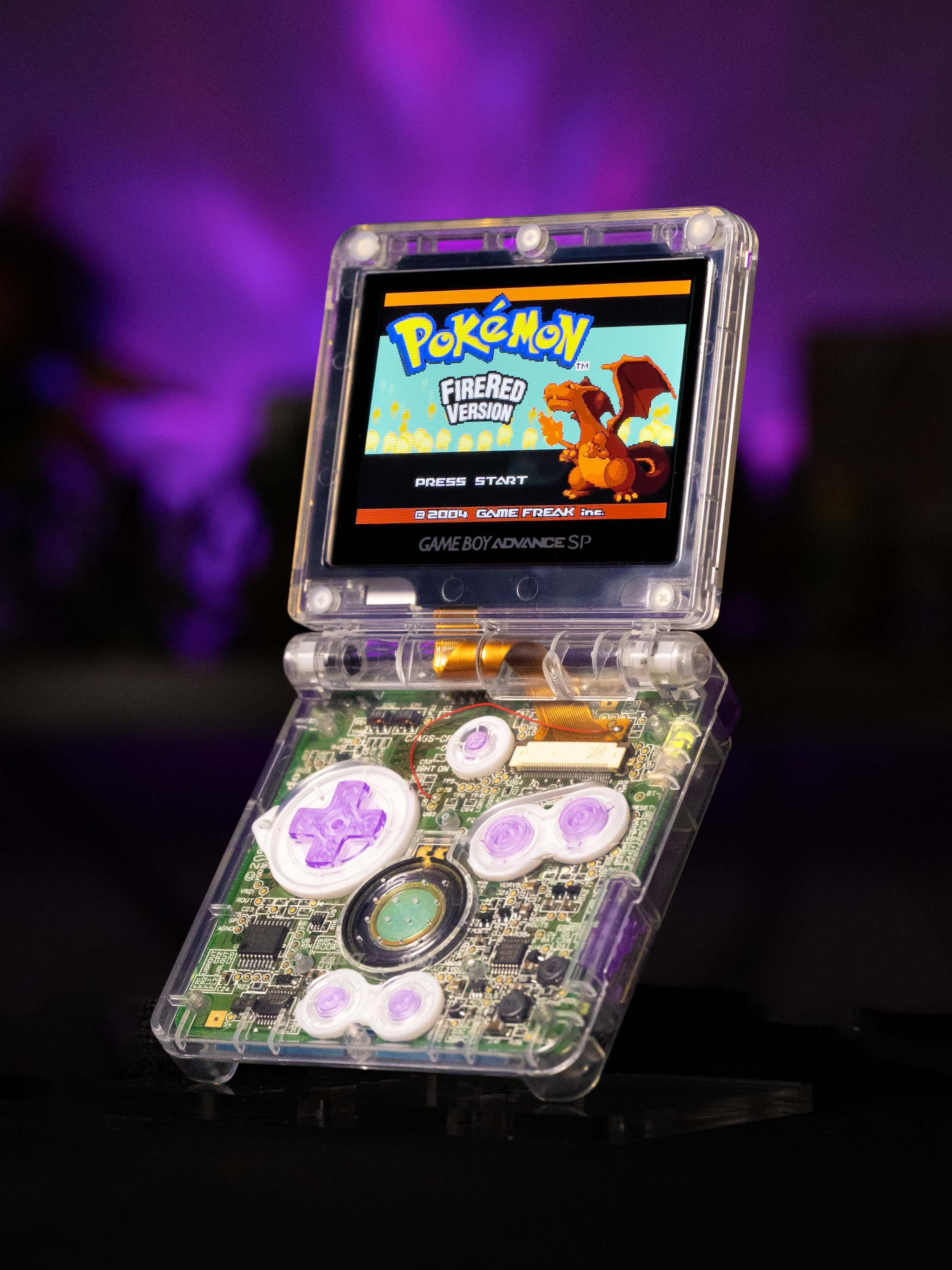 Ancient Mew Game Boy Advance SP with transparent shell and cosmic artwork featuring IPS V5 display