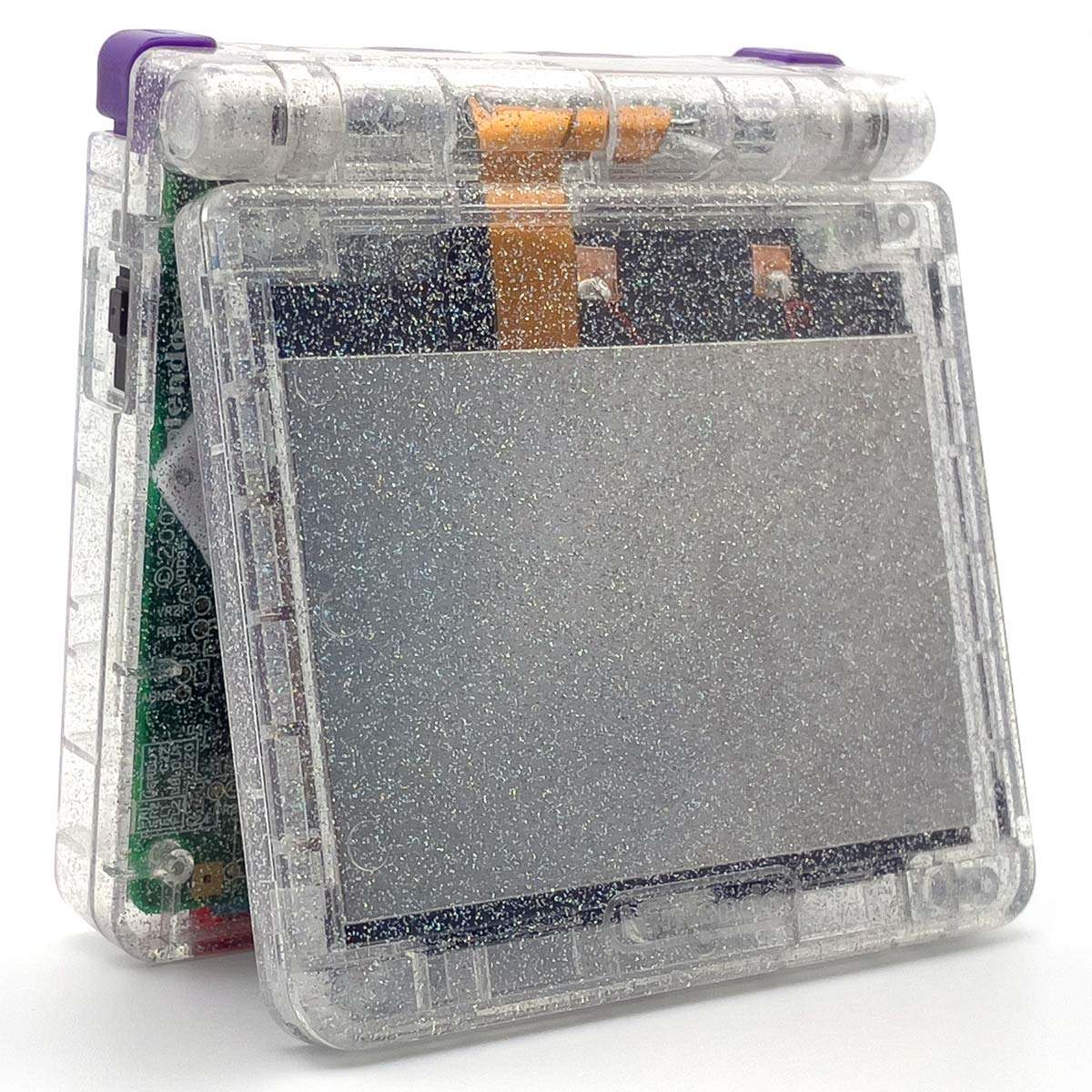 Refurbished Game Boy Advance SP Crystal Clear Glitter Edition with holographic shell and purple buttons