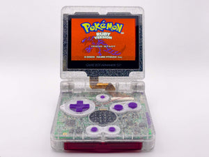 Refurbished Game Boy Advance SP Crystal Clear Glitter Edition with holographic shell and purple buttons