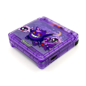 Game Boy Advance SP Gengar Evolution Edition with purple transparent shell and IPS V5 display