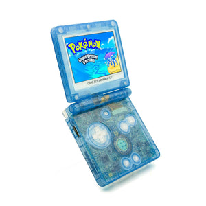 Game Boy Advance SP Liquid Crystal Edition with transparent blue glitter shell