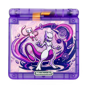 Game Boy Advance SP Mewtwo Edition with Cerulean Cave artwork and IPS V5 display