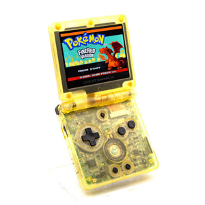 Game Boy Advance SP Raichu Evolution Edition with transparent yellow shell and IPS V5 screen