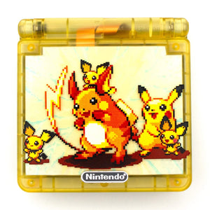 Game Boy Advance SP Raichu Evolution Edition with transparent yellow shell and evolution artwork