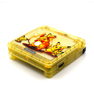 Raichu Edition Game Boy Advance SP with transparent yellow shell and evolution artwork