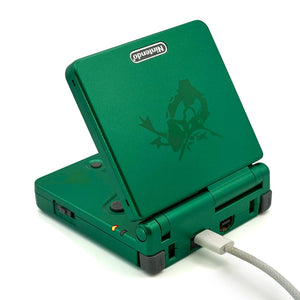 Emerald green Game Boy Advance SP Rayquaza Edition with upgraded IPS screen