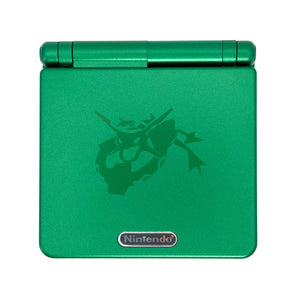 Game Boy Advance SP Rayquaza Edition handheld with emerald-green shell and upgraded IPS screen