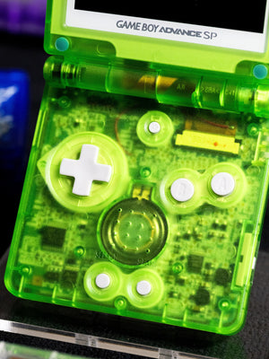 Game Boy Advance SP Venusaur Evolution Edition with green shell and Pokemon artwork