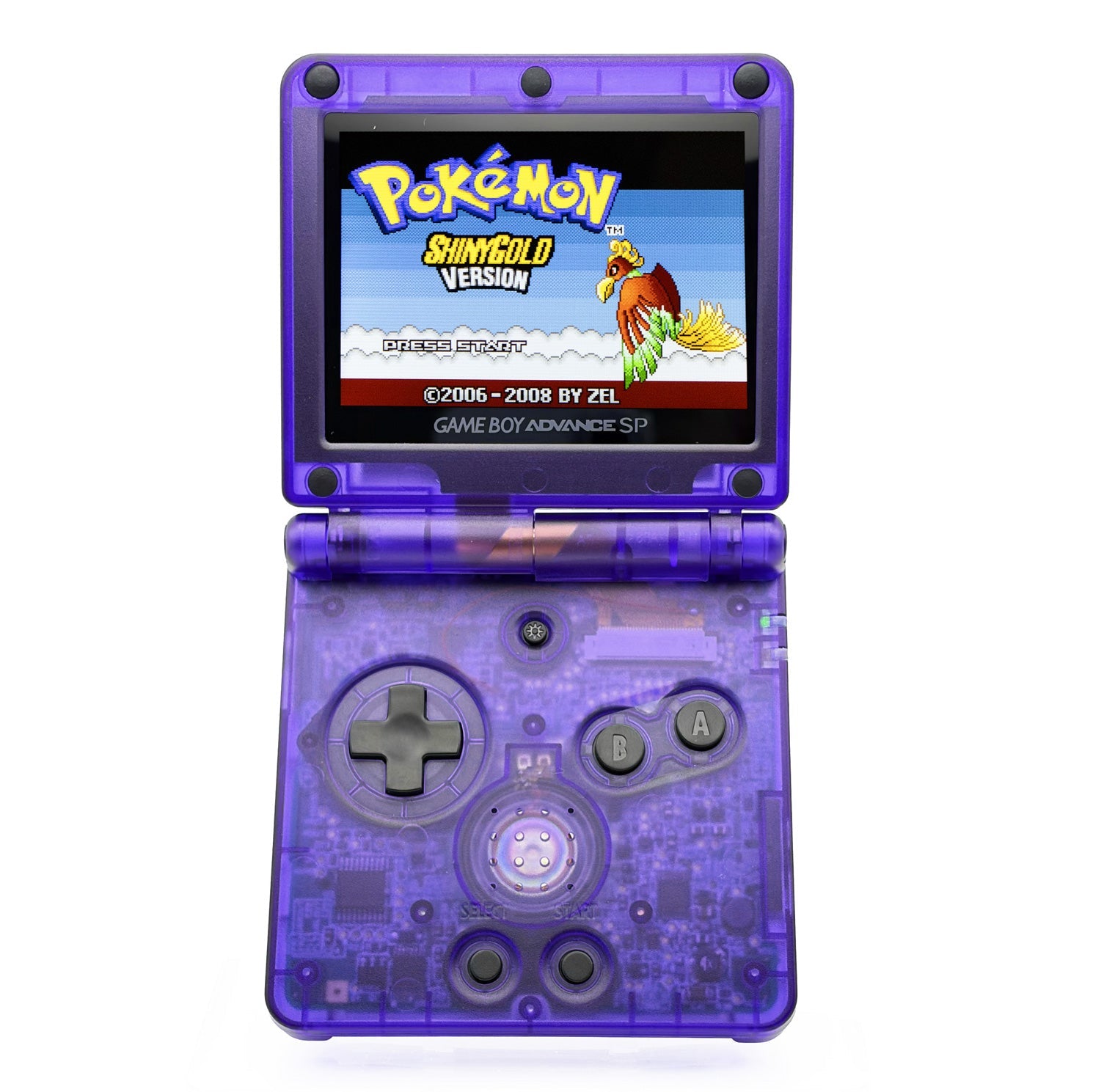 Transparent Purple Game Boy Advance SP handheld console with IPS V5 backlit screen and rechargeable battery
