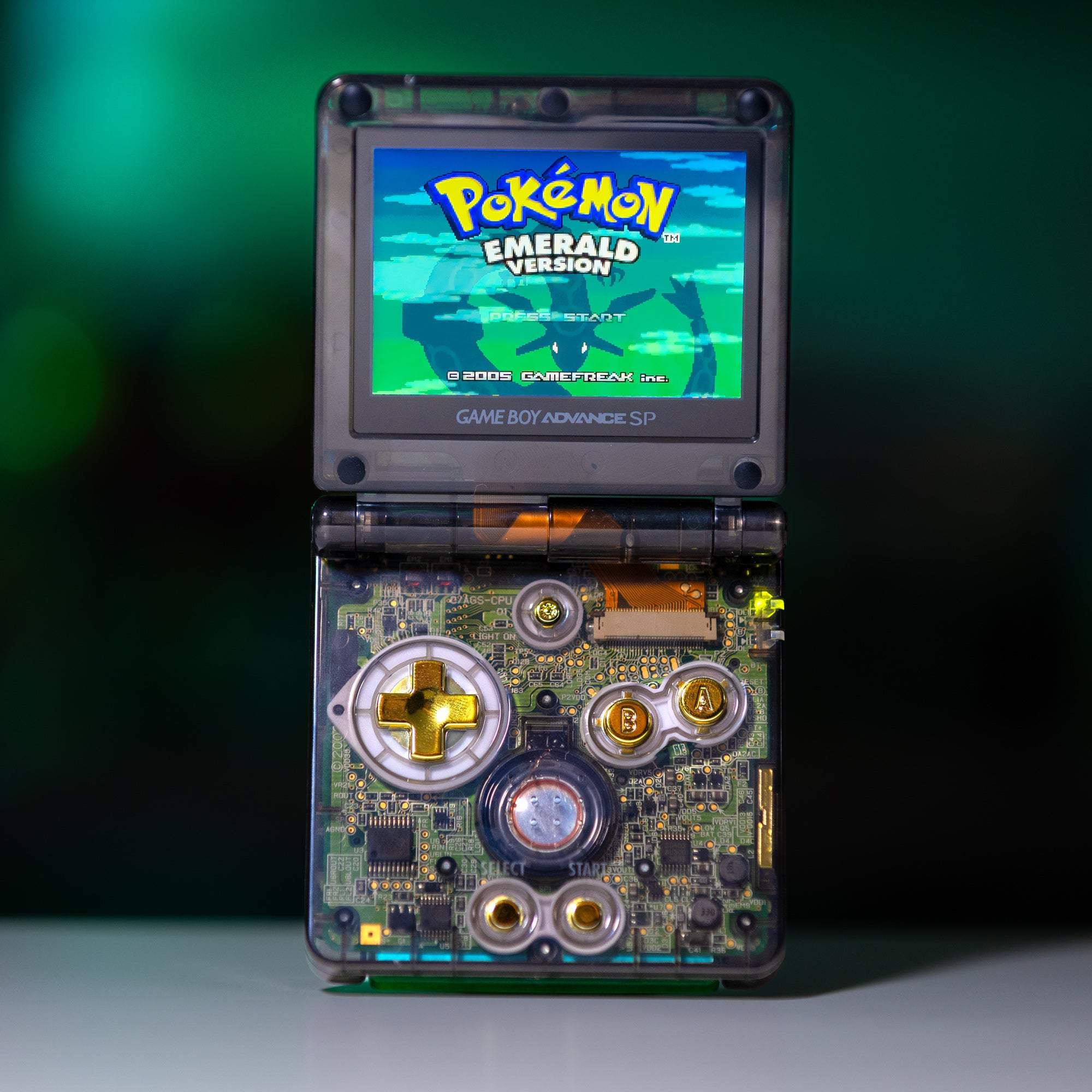 Game Boy Advance SP Dark Rayquaza Edition with IPS V5 backlit display and custom transparent shell design