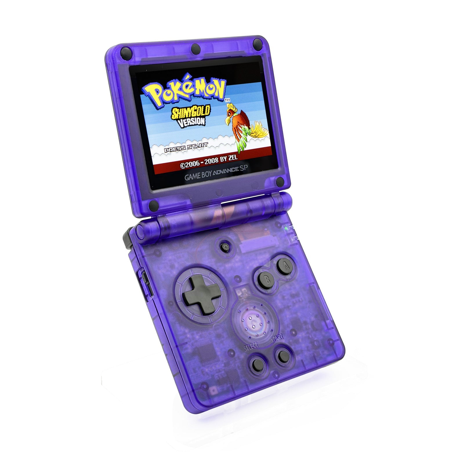 Transparent purple Game Boy Advance SP with IPS V5 display and rechargeable battery