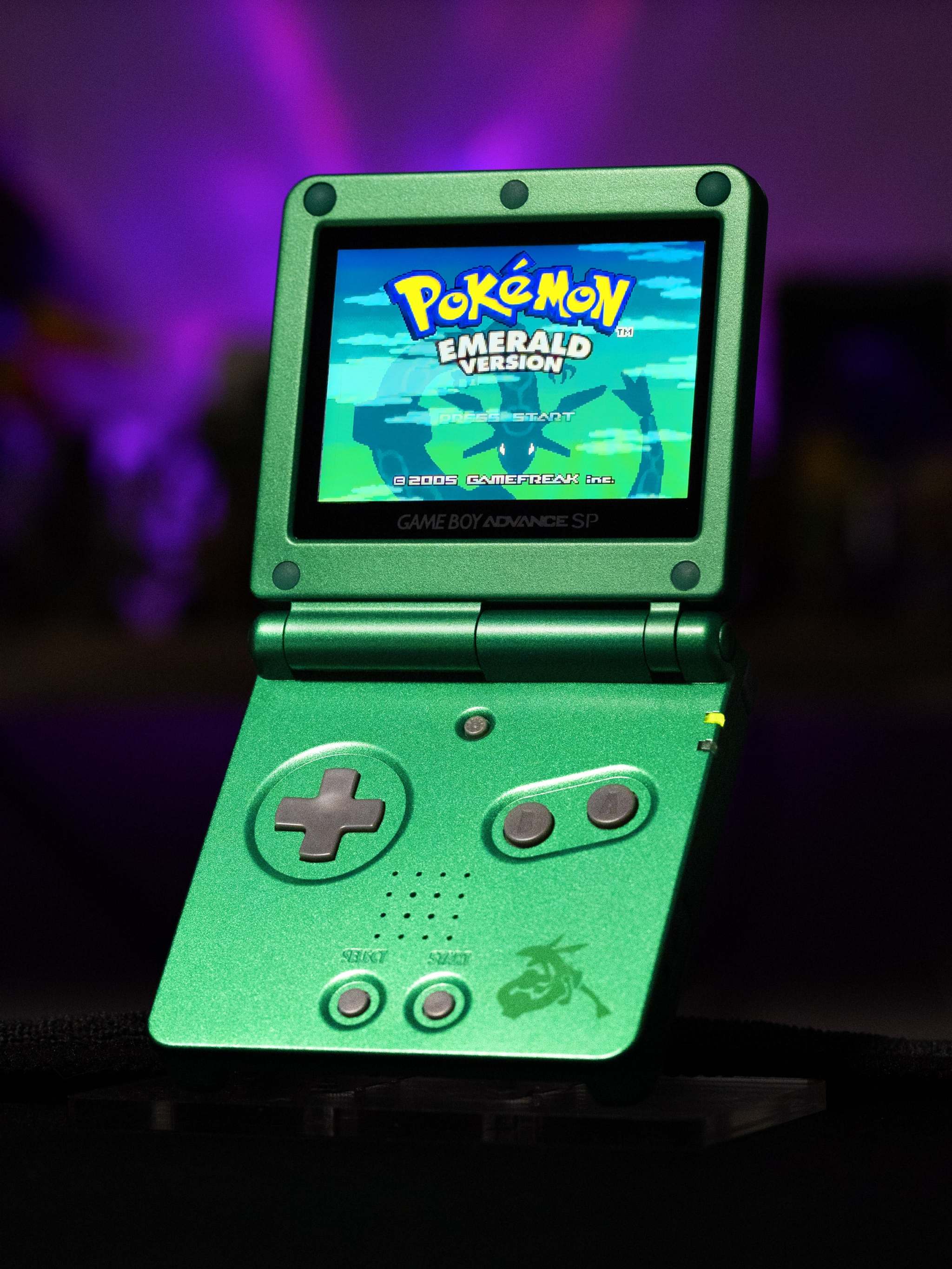 Game Boy Advance SP Rayquaza Edition with IPS V5 backlit screen and emerald green design