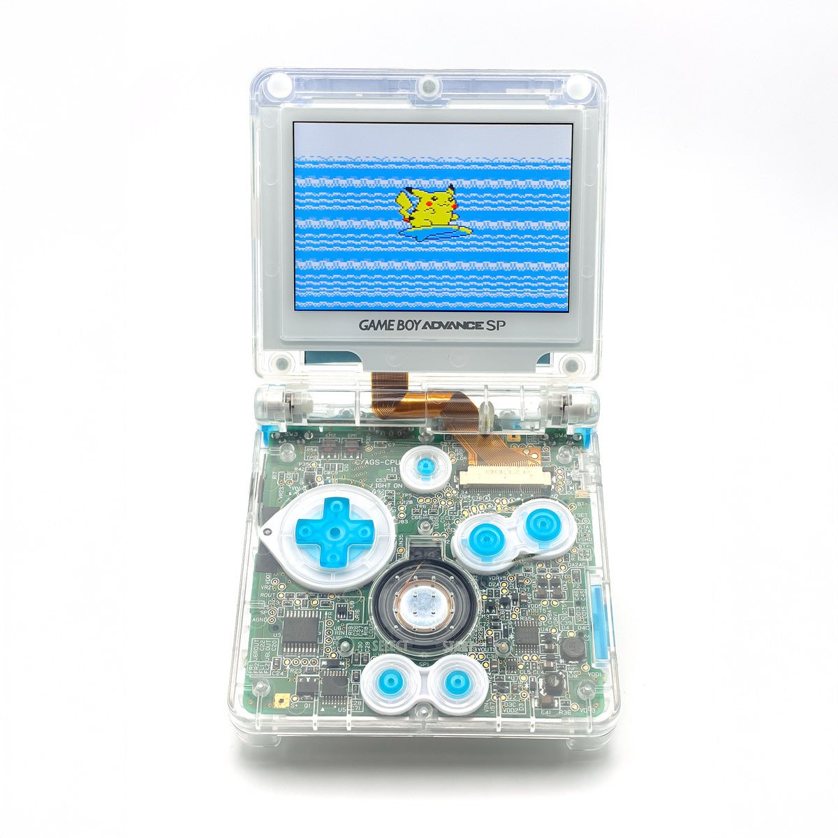 Game Boy Advance SP Surfing Pikachu Edition with transparent shell and pixel art
