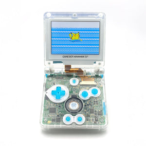 Game Boy Advance SP Surfing Pikachu Edition with transparent shell and pixel art
