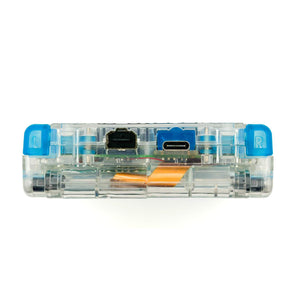 Game Boy Advance SP Surfing Pikachu Edition with transparent shell and pixel art
