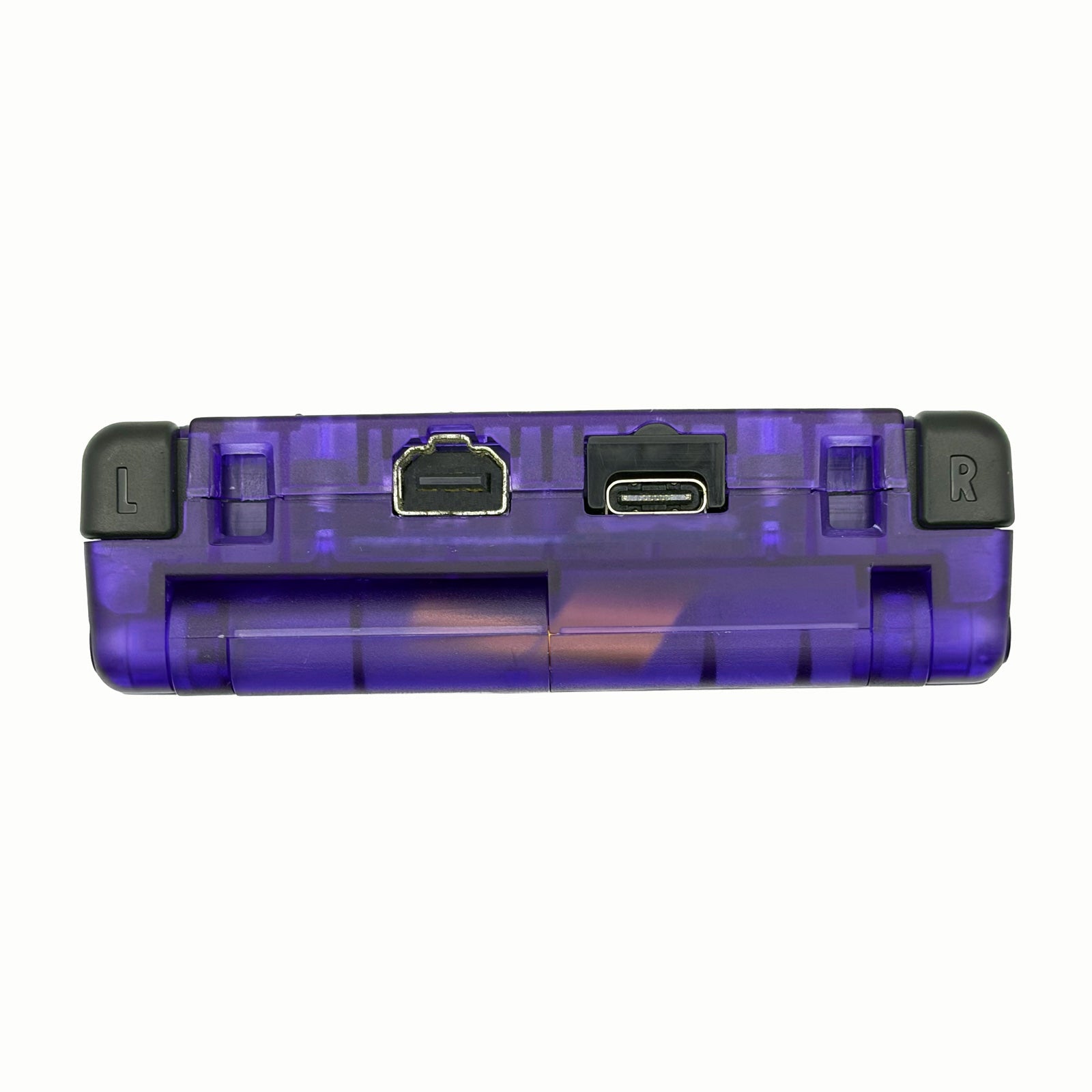 Transparent Purple Game Boy Advance SP console with IPS V5 backlit screen and rechargeable battery