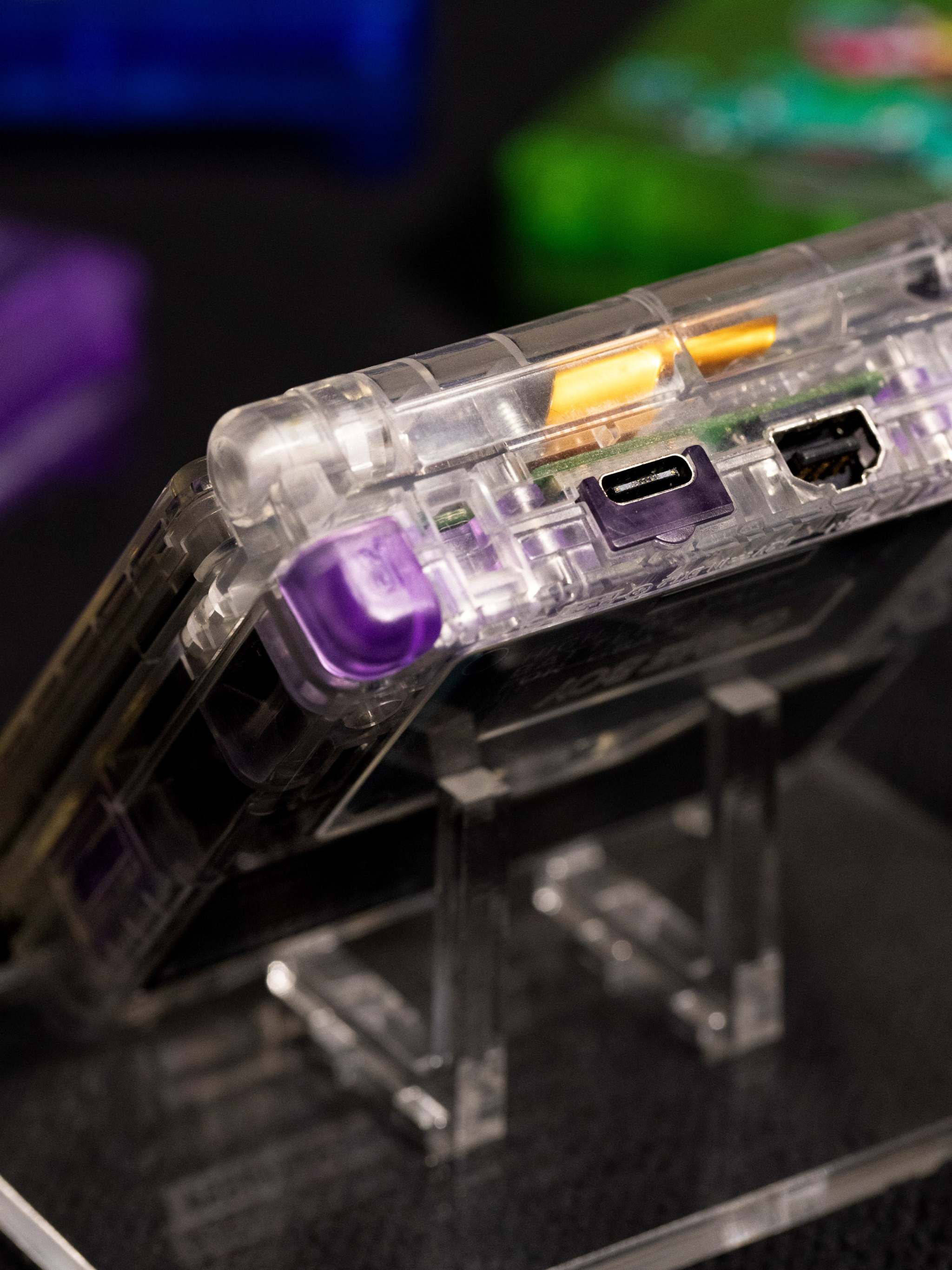 Custom Ancient Mew Game Boy Advance SP with transparent shell and IPS V5 display, featuring cosmic design inspired by legendary Pokémon card