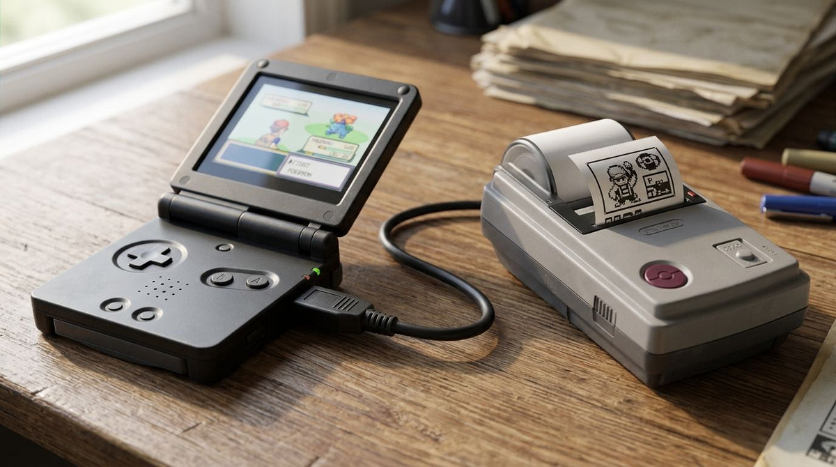 Connecting a Game Boy Advance SP to a Game Boy Printer for printing Pokemon trainer cards