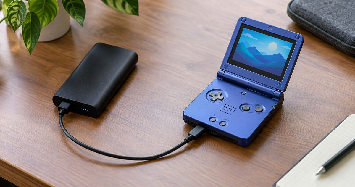 Charging a modded Game Boy Advance SP with a portable power bank