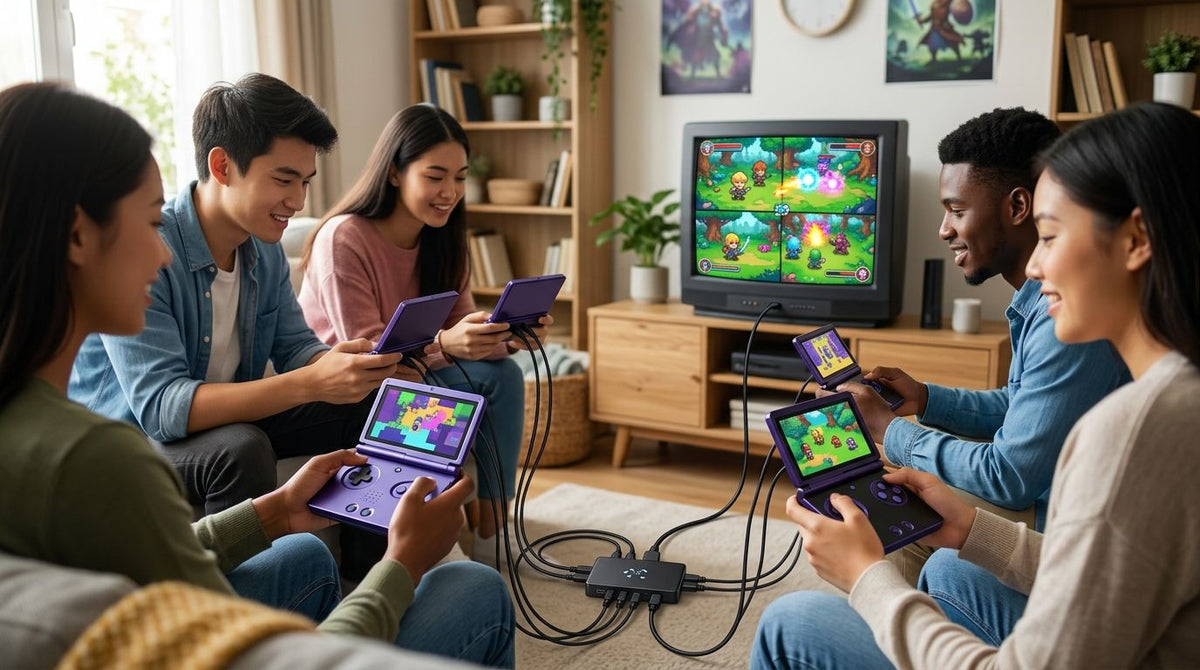Linking four Game Boy Advance SPs to GameCube for Crystal Chronicles