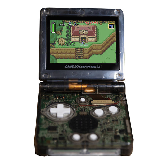 Game Boy Advance SP Transparent Black - Open console showing IPS V5 screen with Zelda visible Nintendo circuitry smoke shell