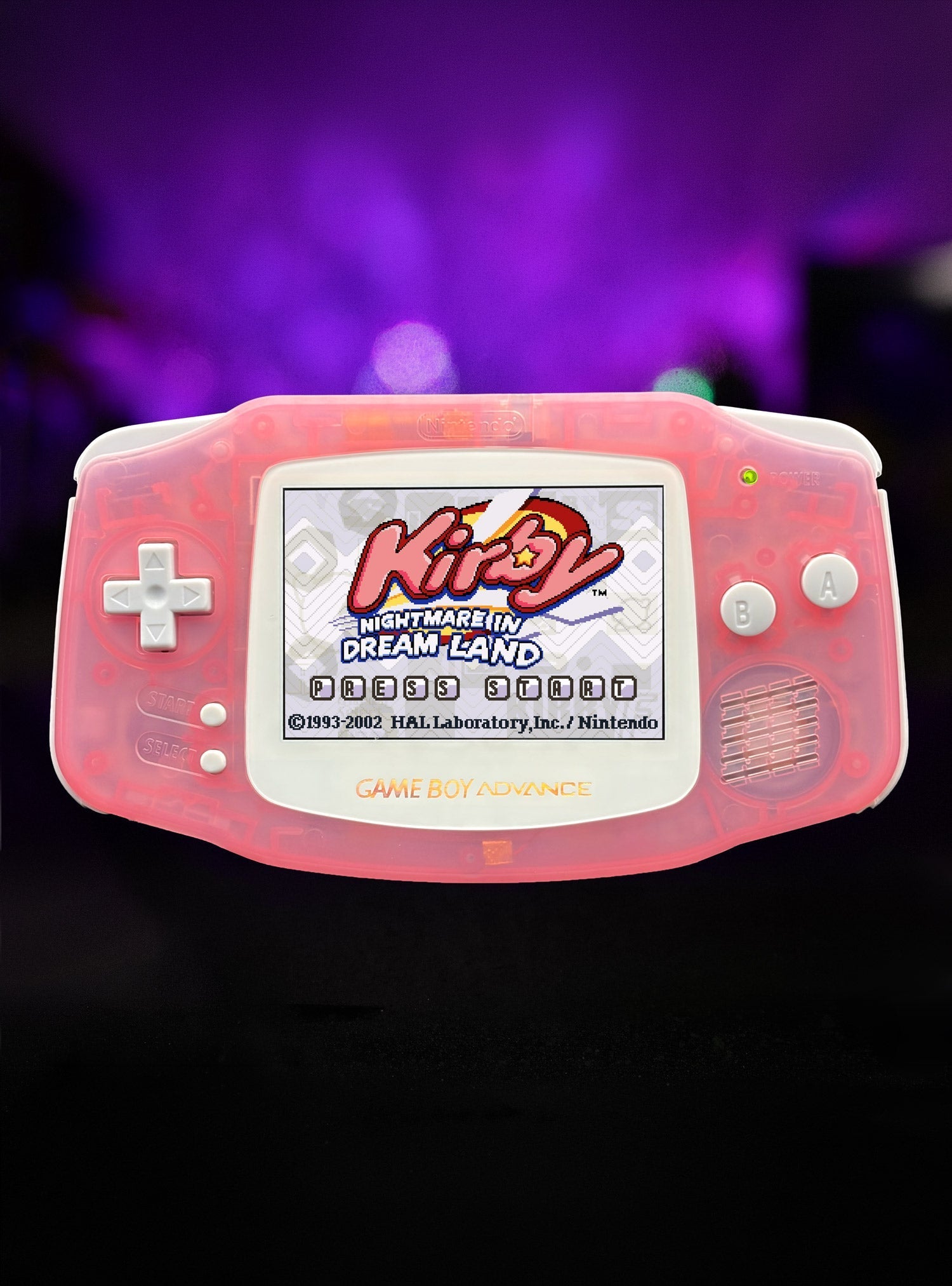 Refurbished Nintendo Game Boy Advance with clear hot pink shell and IPS V5 backlit screen.