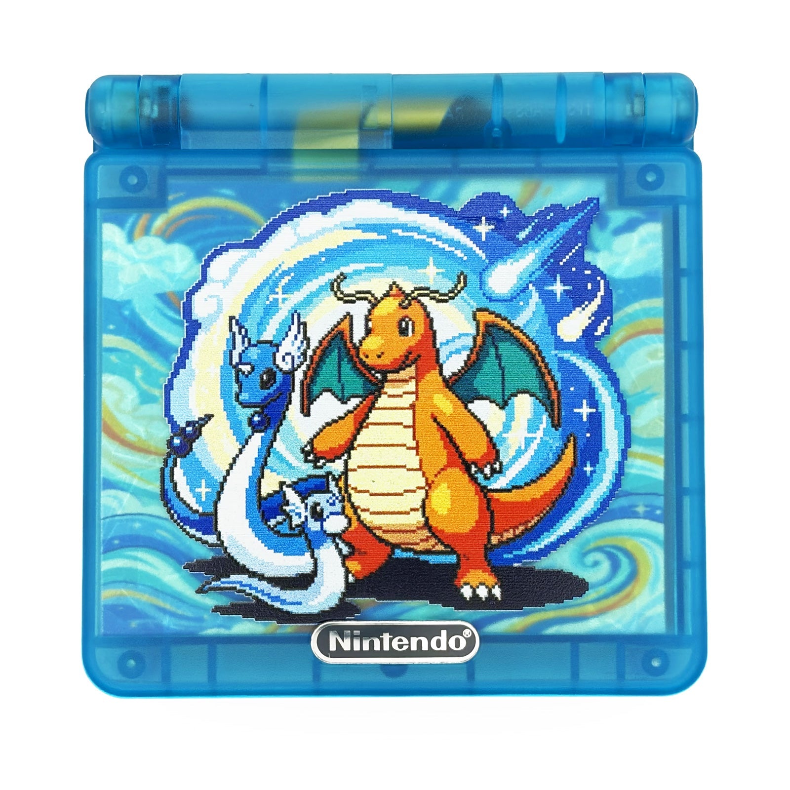 Game Boy Advance SP Dragonite Edition with IPS V5 backlit screen and custom Dratini evolution artwork