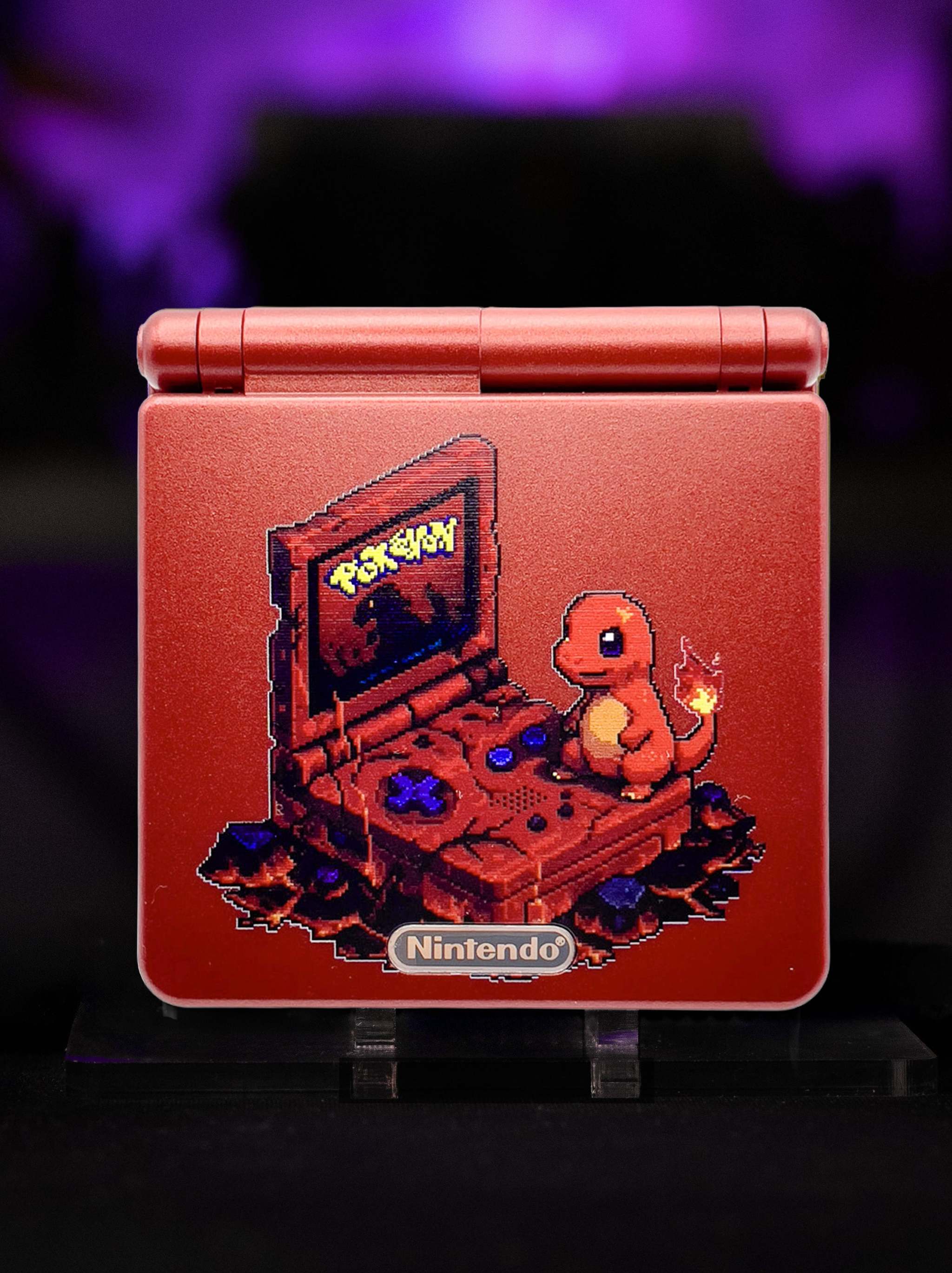 Custom Charmander Pokémon Game Boy Advance SP console with deep red shell and IPS V5 backlit display