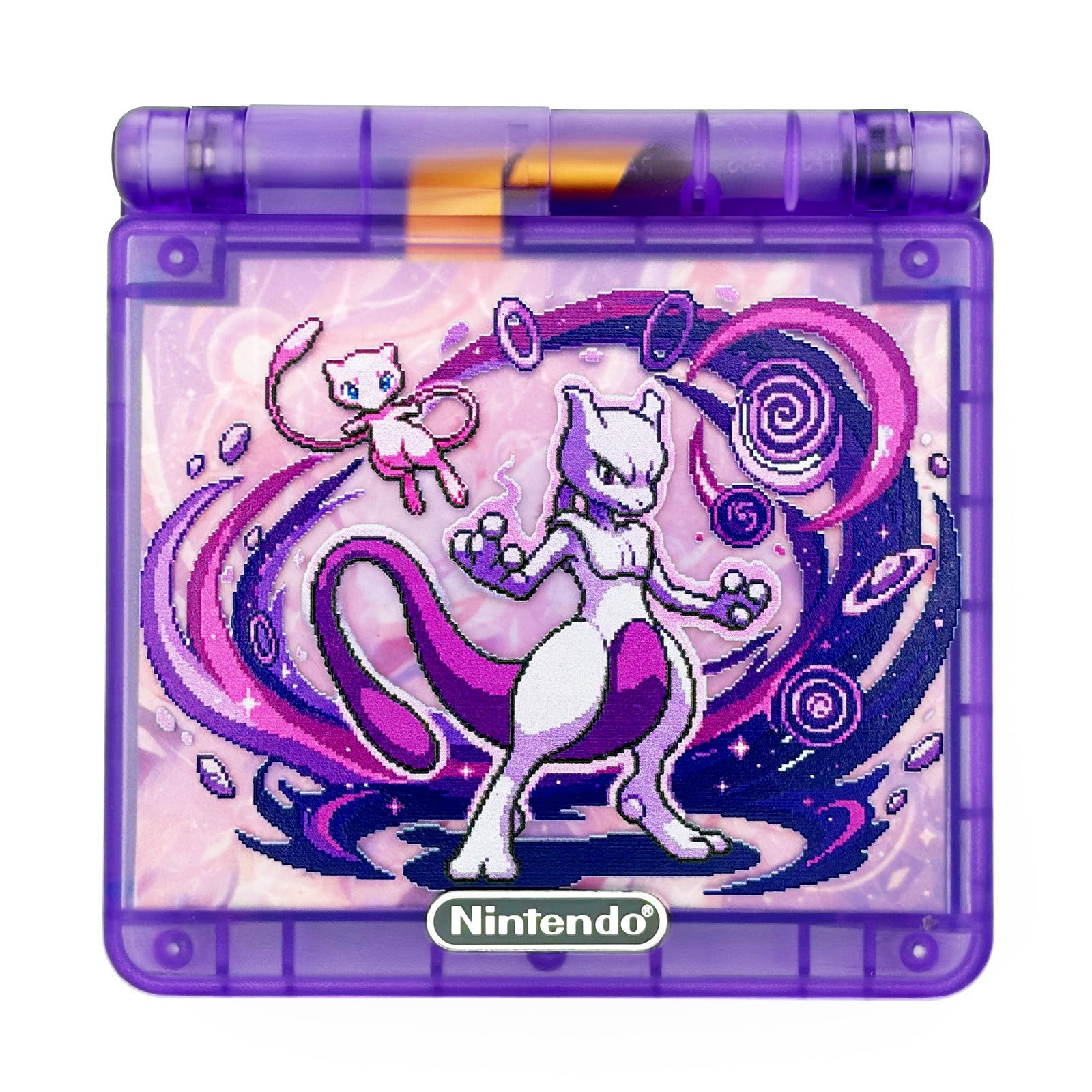 Mewtwo Edition Game Boy Advance SP with Cerulean Cave artwork and IPS V5 backlit display