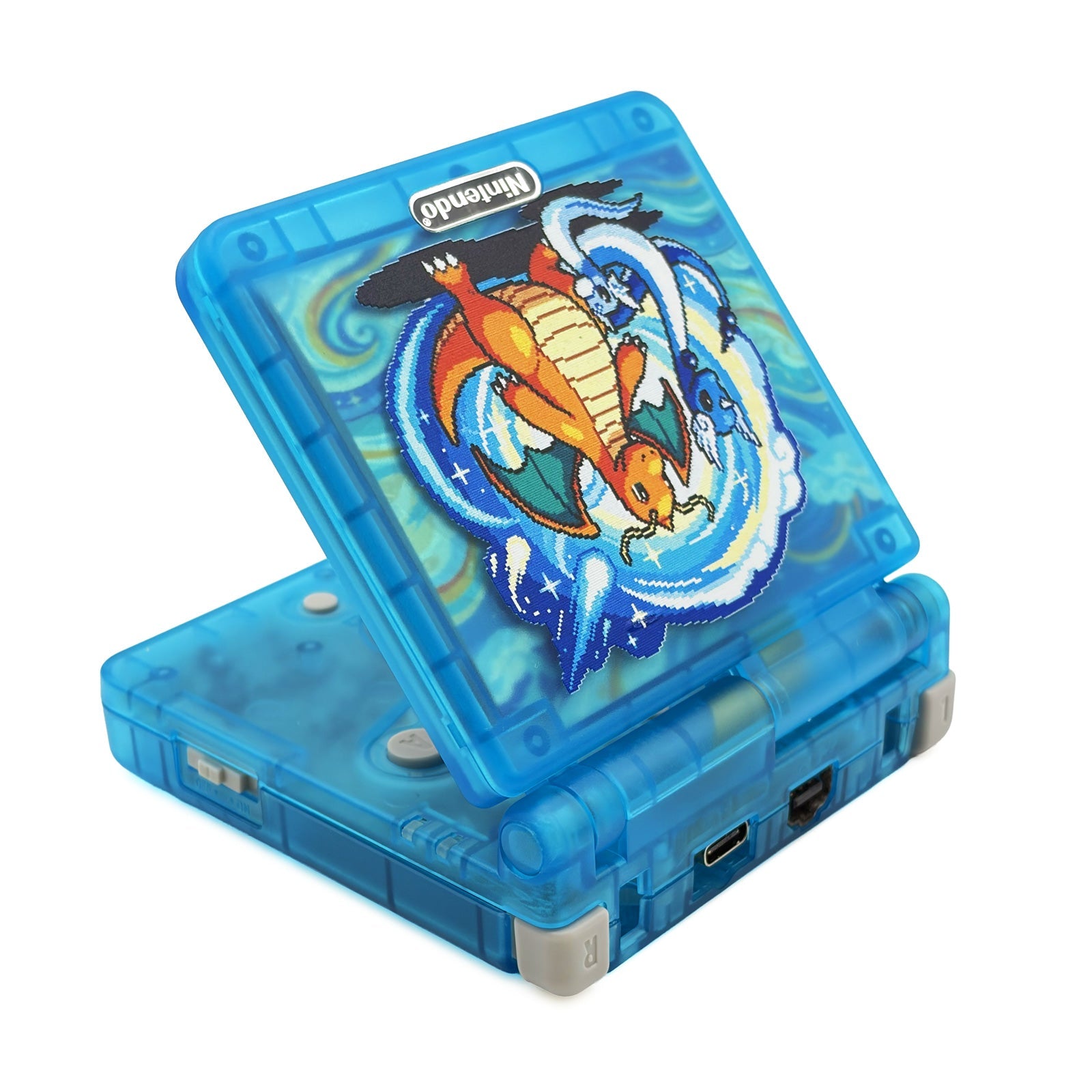 Game Boy Advance SP Dragonite Edition with custom Dratini evolution artwork and IPS V5 backlit screen