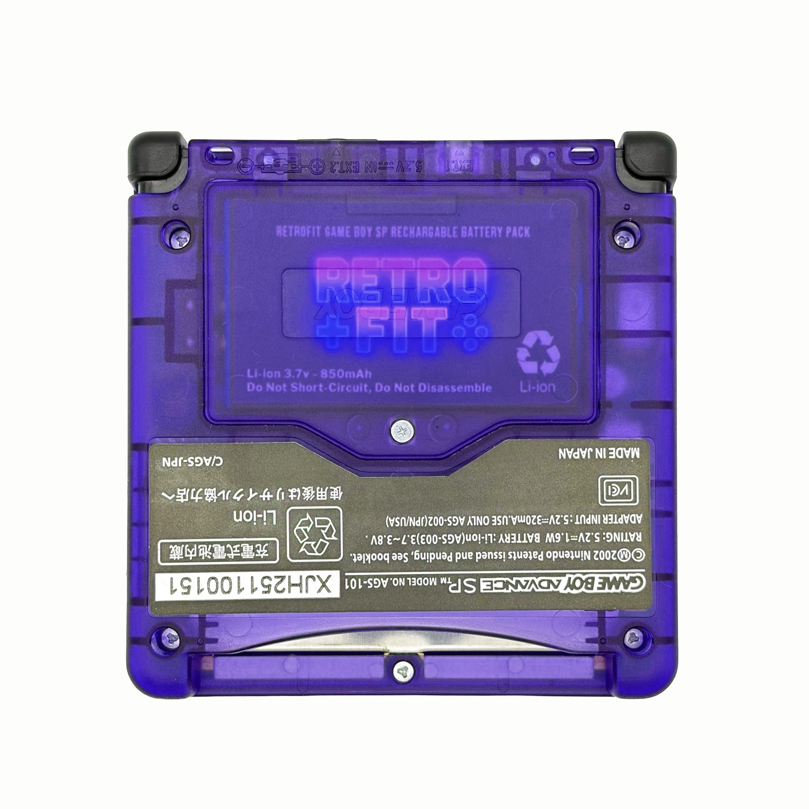 Transparent purple Game Boy Advance SP console with IPS V5 backlit screen and rechargeable battery