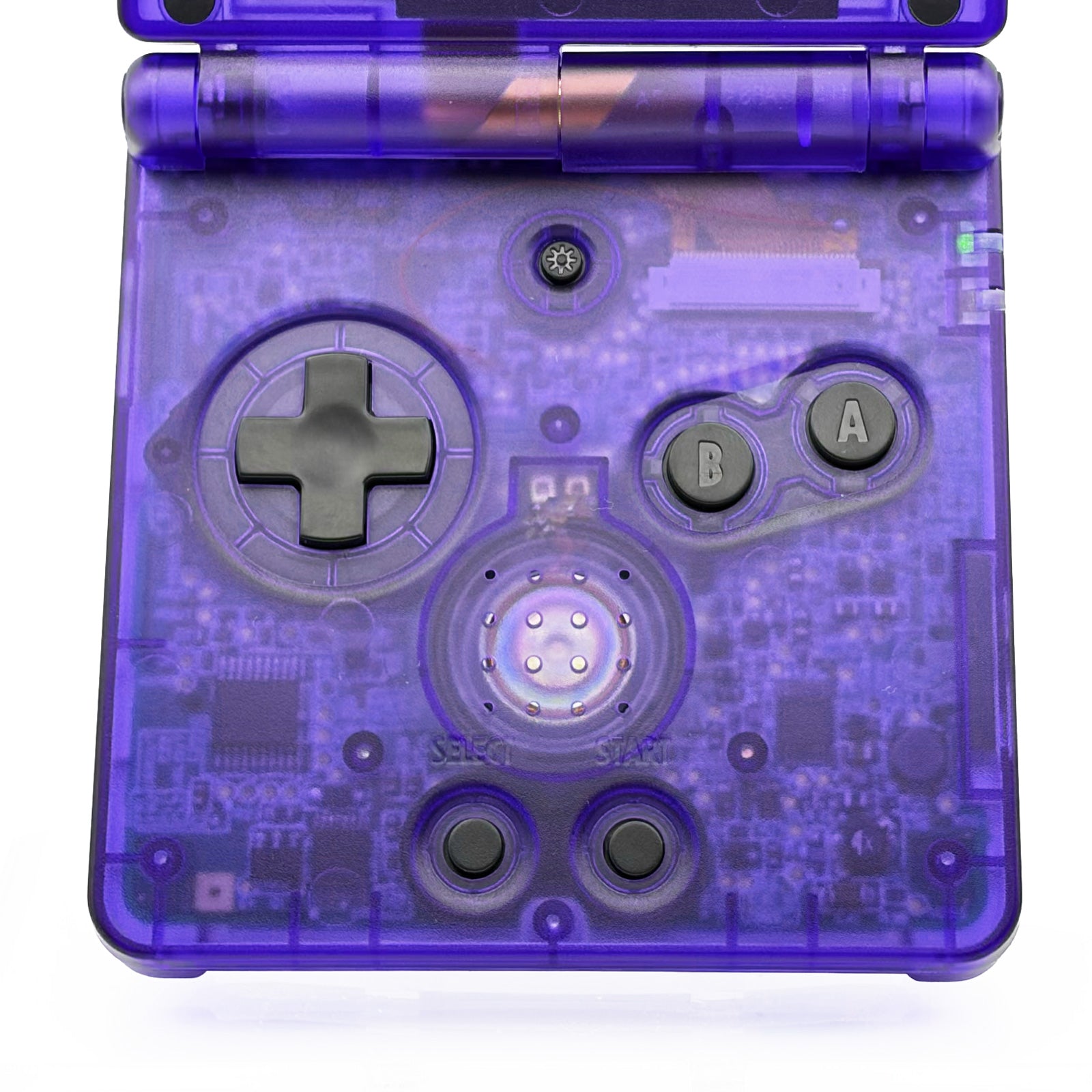 Transparent purple Game Boy Advance SP console with IPS V5 backlit display and rechargeable battery