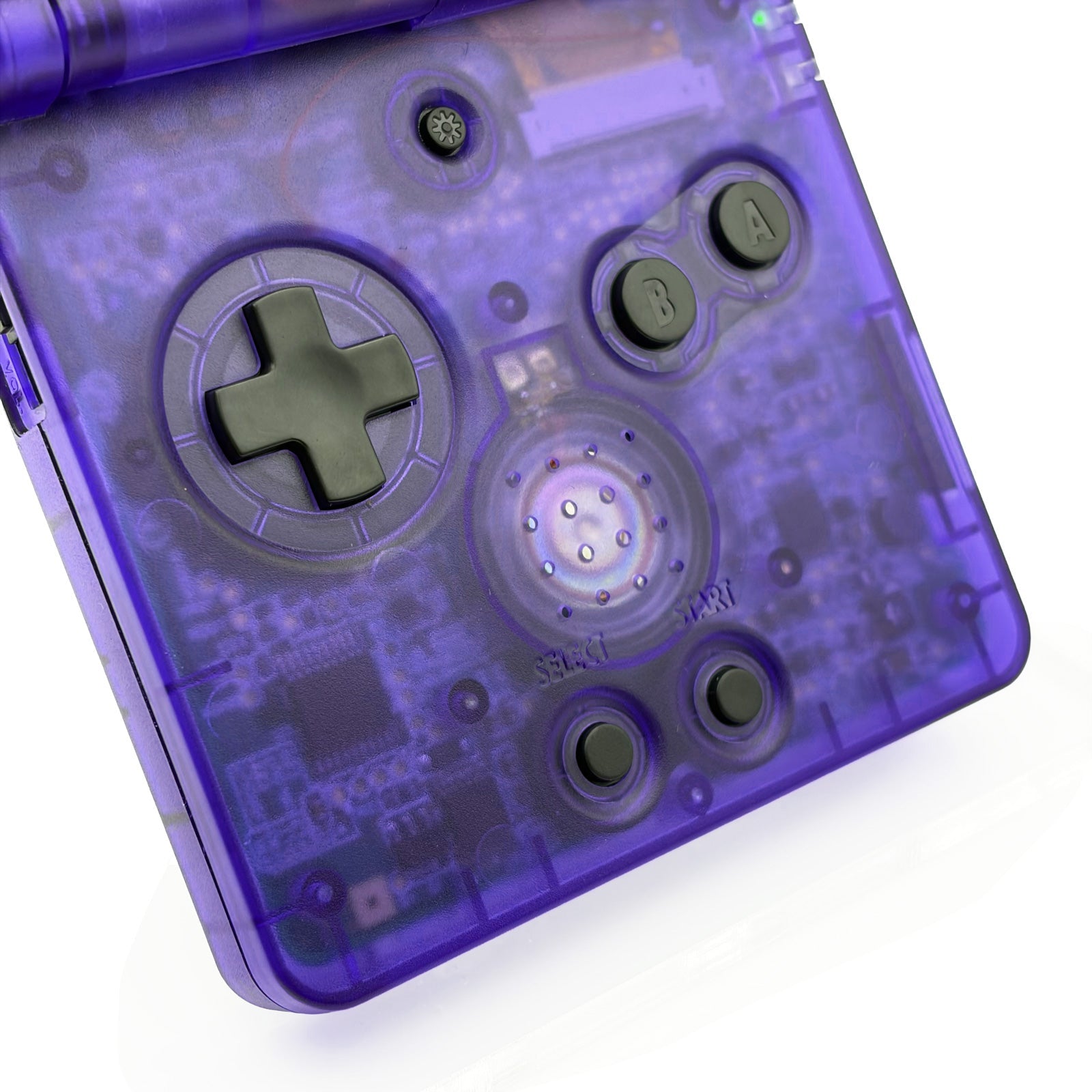 Transparent purple Game Boy Advance SP with IPS V5 display and rechargeable battery