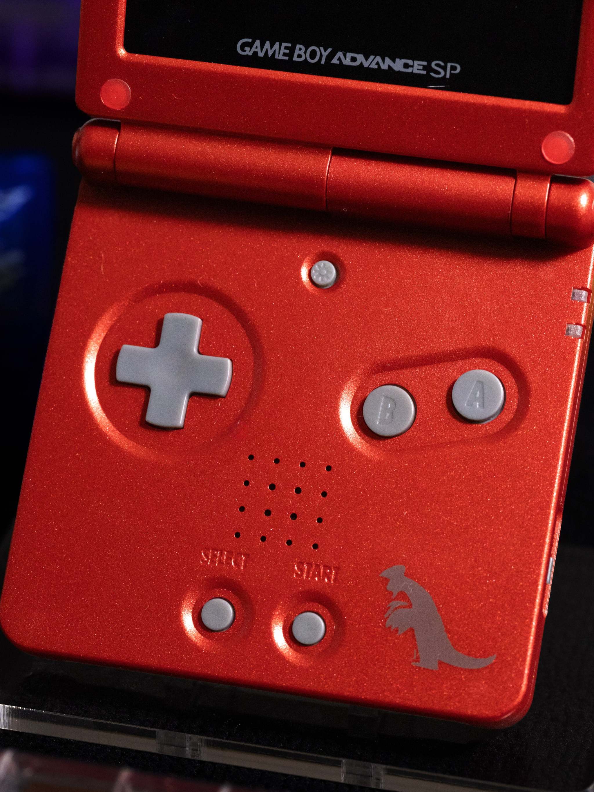 Refurbished Game Boy Advance SP Groudon Edition with volcanic red shell and IPS V5 backlit screen