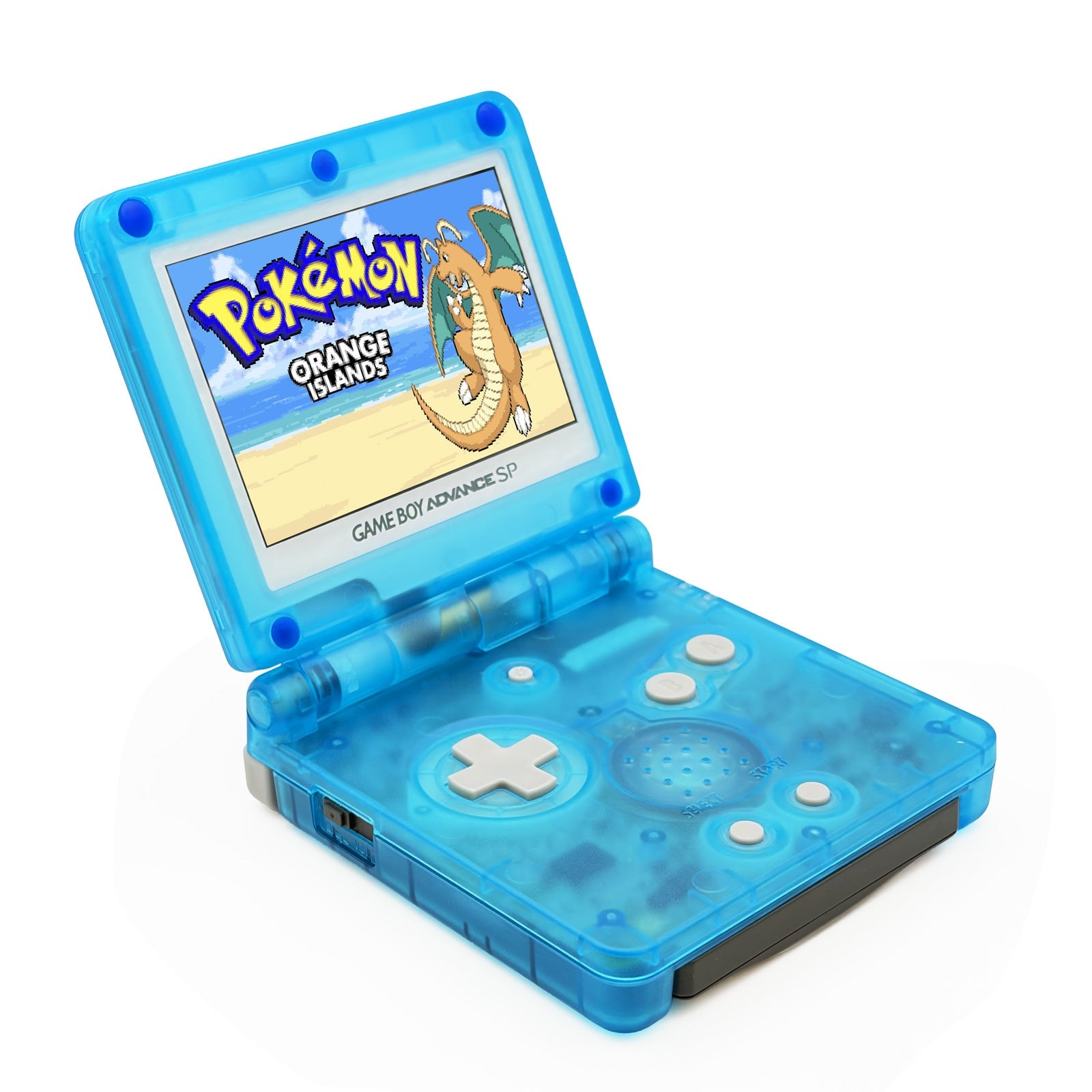 Game Boy Advance SP Dragonite Edition with IPS V5 backlit screen and custom Dratini evolution artwork