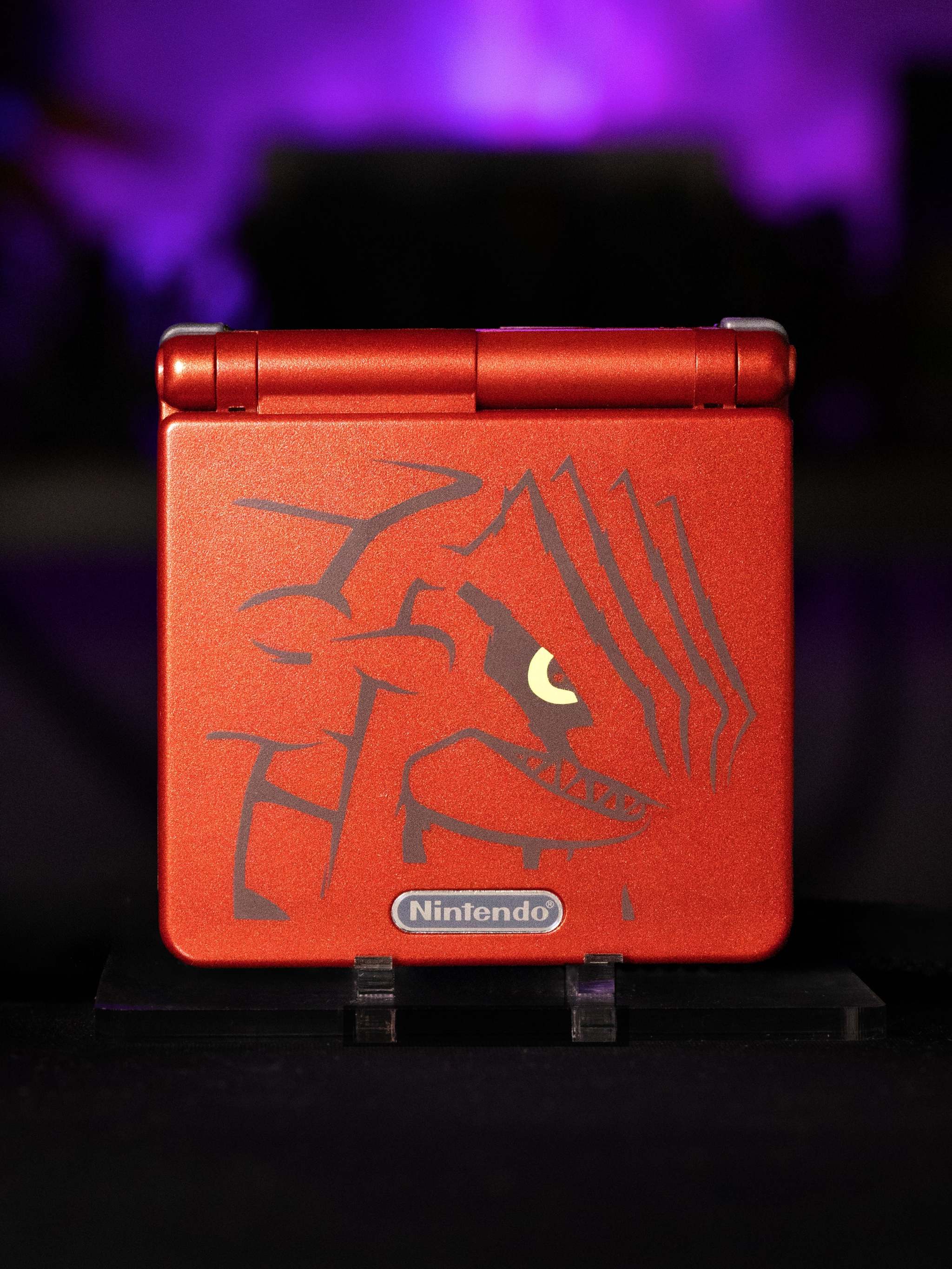 Refurbished Game Boy Advance SP Groudon Edition with volcanic red shell and IPS V5 backlit screen