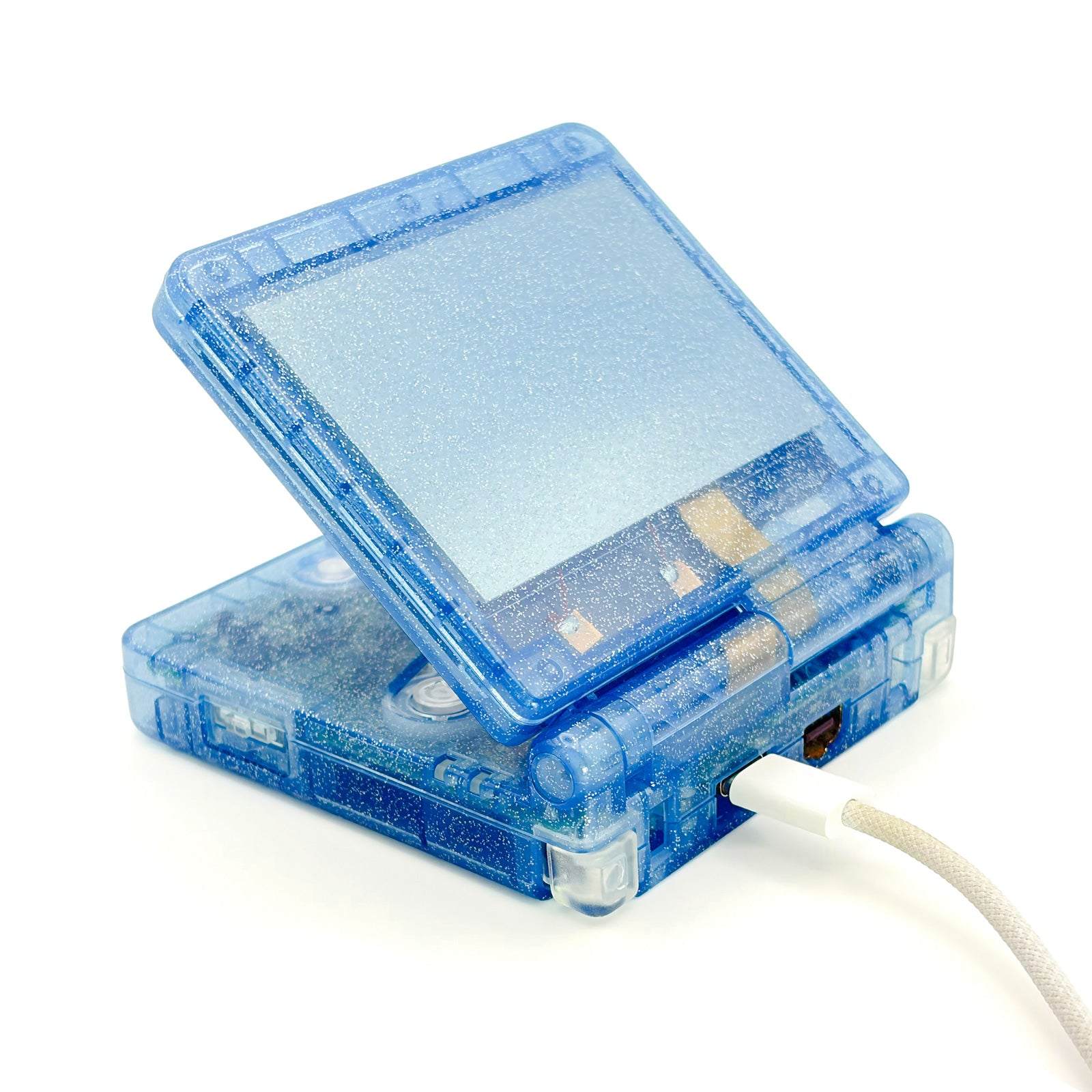 Transparent blue Game Boy Advance SP Liquid Crystal Edition with glitter-filled shell