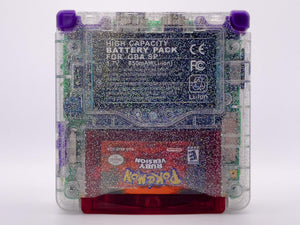 Refurbished Game Boy Advance SP Crystal Clear Glitter Edition with holographic shell and purple buttons