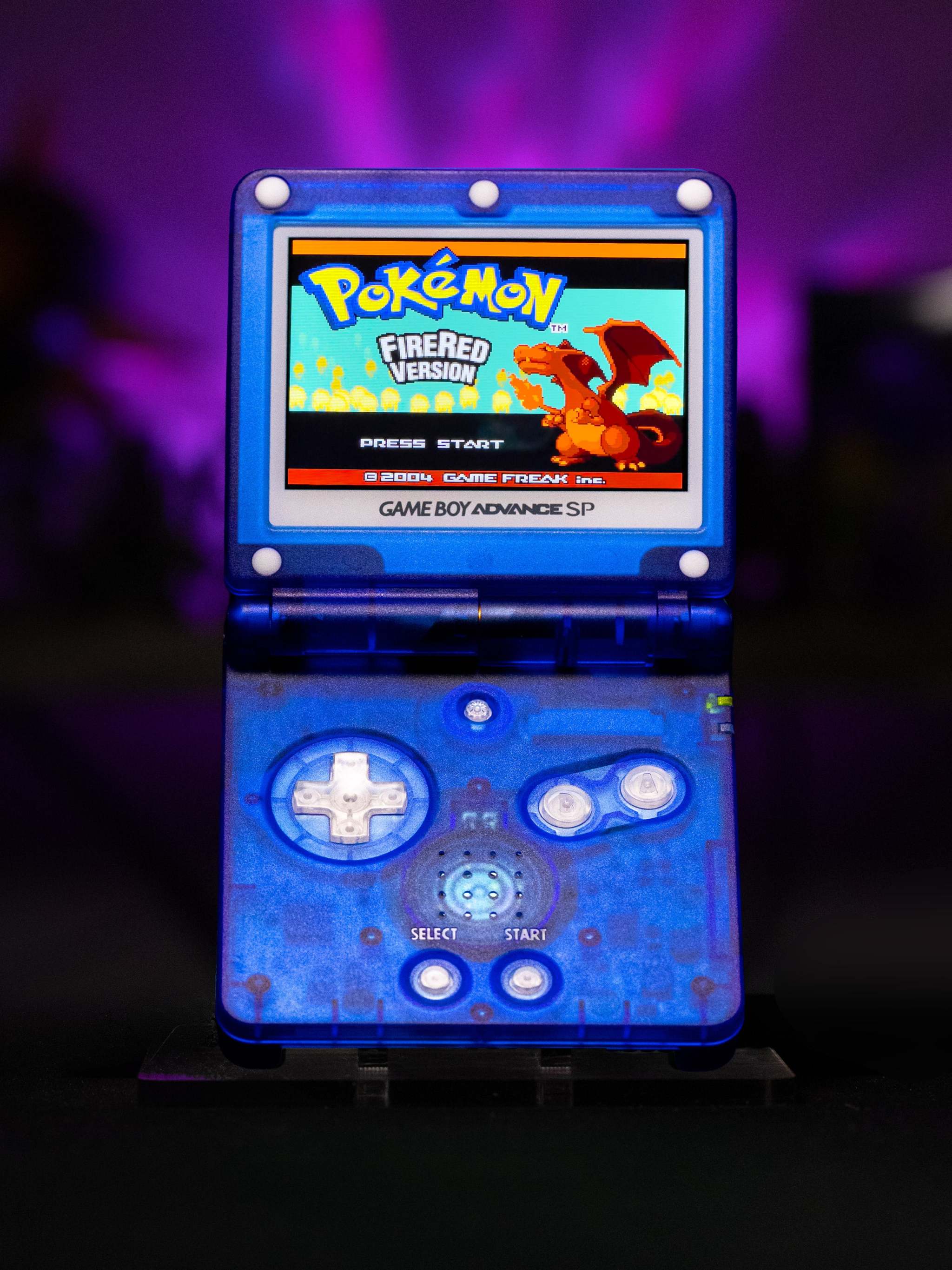 Game Boy Advance SP Blastoise Edition with transparent blue shell and IPS V5 backlit screen