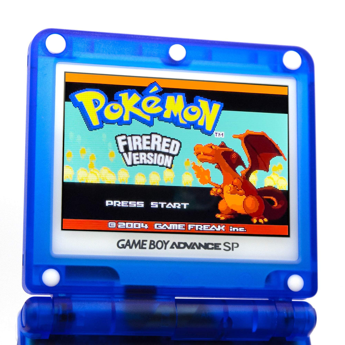 Game Boy Advance SP Blastoise Edition with blue shell and Pokémon artwork