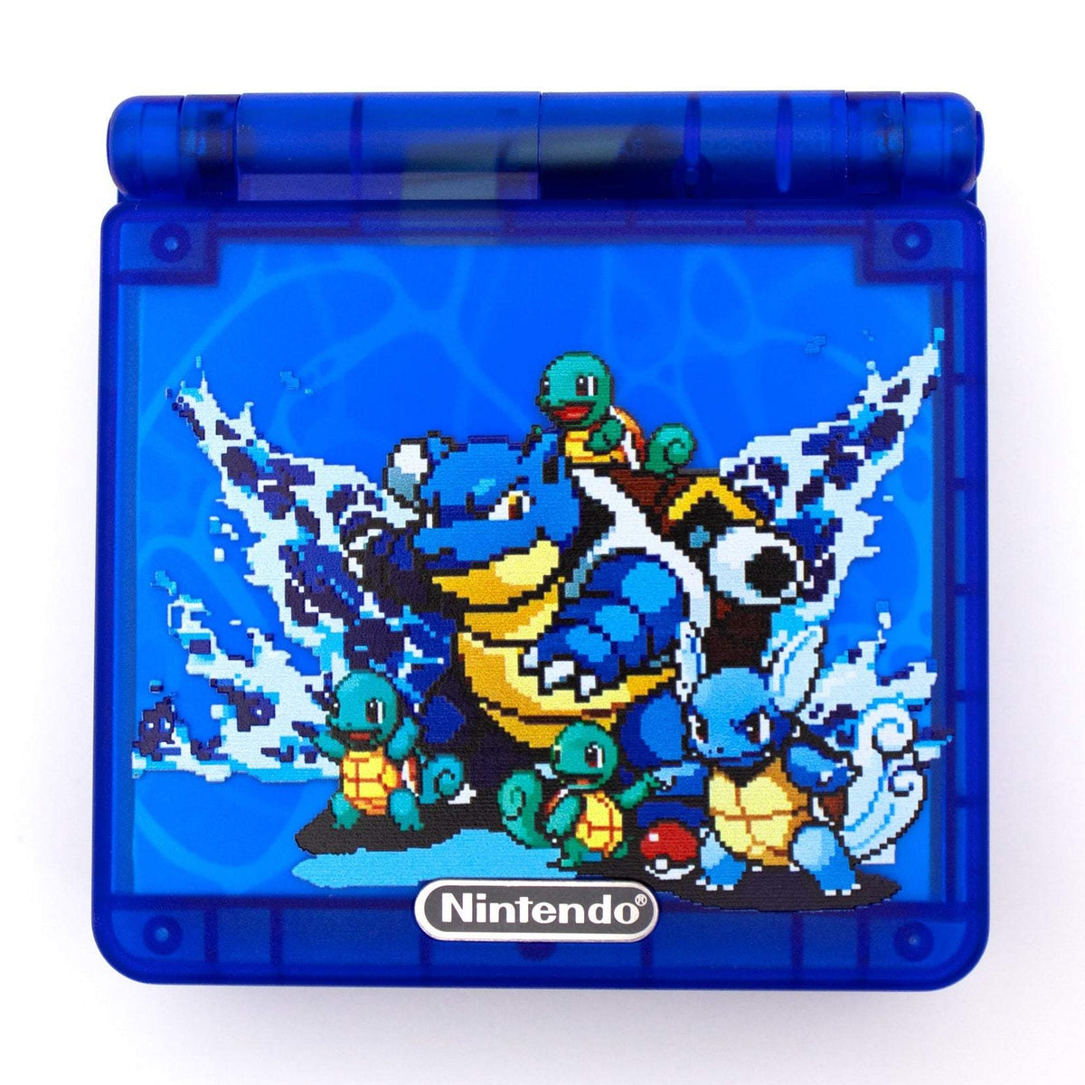 Game Boy Advance SP Blastoise Edition with transparent blue shell and Pokemon artwork