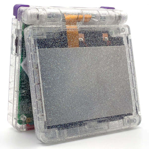 Refurbished Game Boy Advance SP Crystal Clear Glitter Edition with holographic shell and purple buttons