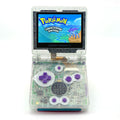 Refurbished Game Boy Advance SP Crystal Clear Glitter Edition with holographic shell and purple buttons